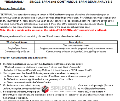 BEAMANAL METRIC SINGLE SPAN And CONTINUOUS SPAN BEAM ANALYSIS