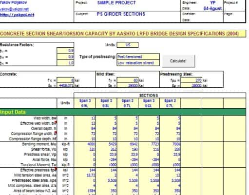 CONCRETE SECTION SHEAR/TORSION CAPACITY BY AASHTO LRFD BRIDGE DESIGN SPECIFICATIONS (2004)