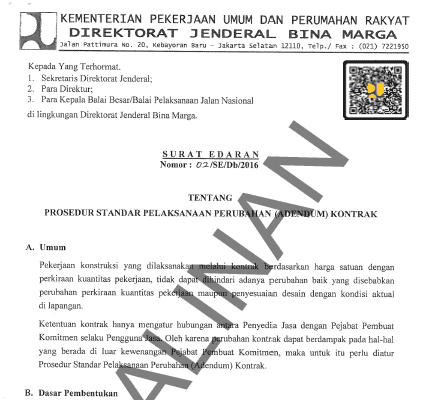 Surat Edaran No. 02/SE/Db/2016 tentang Prosedur Standar Pelaksanaan Perubahan (Adendum) Kontrak