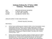 Undang Undang No. 5 Tahun 1984 Perindustrian PRESIDEN REPUBLIK INDONESIA No 5 TAHUN 1984 (5/1984) 29 JUNI 1984 (JAKARTA) LN 1984/22; TLN NO. 3274