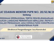 SURAT EDARAN MENTERI PUPR tentang PEDOMAN OPERASIONAL TERTIB PENYELENGGARAAN PENUNJUKAN LANGSUNG PERMINTAAN BERULANG (REPEAT ORDER) DALAM PENGADAAN JASA KONSULTANSI KONSTRUKSI DI KEMENTERIAN PUPR