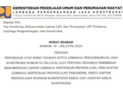 Surat Edaran Tentang Perubahan Atas Surat Edaran Ketua Lembaga Pengembangan Jasa Konstruksi Nomor 02/SE/LPJK/2023 Tentang Pedoman Pemberian Rekomendasi Lisensi Lembaga Sertifikasi Profesi (LSP), Pencatatan Lembaga Sertifikasi Profesi (LSP) Terlisensi, Serta Daftar Penyesuaian Standar Kompetensi Kerja dan Jabatan Kerja Konstruksi