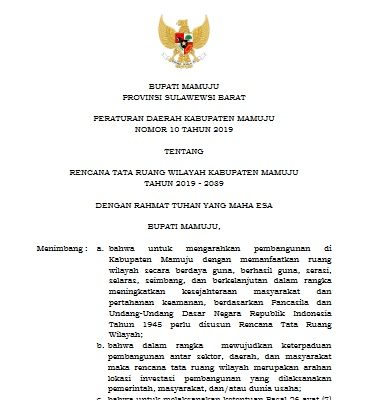 PERATURAN DAERAH KABUPATEN MAMUJU NOMOR 10 TAHUN 2019 TENTANG RENCANA TATA RUANG WILAYAH KABUPATEN MAMUJU TAHUN 2019 – 2039