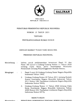 PERATURAN PEMERINTAH REPUBLIK INDONESIA NOMOR 13 TAHUN 2O2I TENTANG PENYELENGGARAAN RUMAH SUSUN