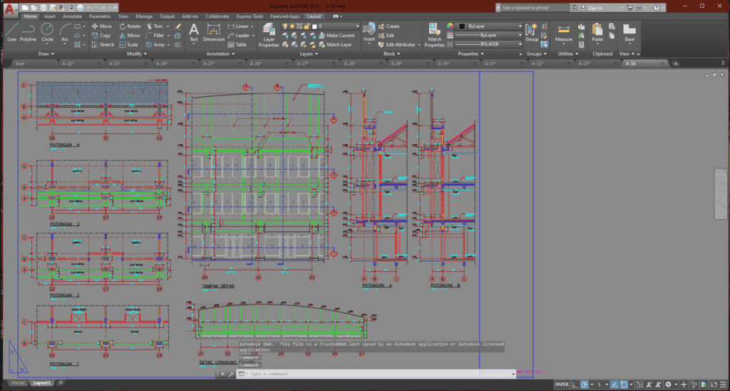 Denah dan Gambar CAD Arsitek Ruko A-34 | Sipilpedia