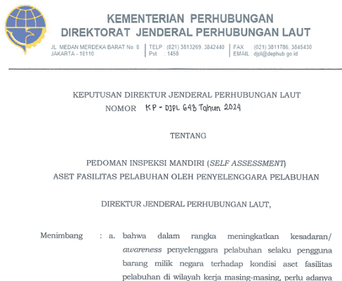 SK Dirjen Pedoman Inspeksi Mandiri Self Assement Aset Fasilitas Pelabuhan oleh Penyelenggara Pelabuhan