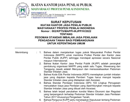 PEDOMAN STANDAR IMBALAN JASA PENILAIAN PENGADAAN TANAH BAGI PEMBANGUNAN UNTUK KEPENTINGAN UMUM