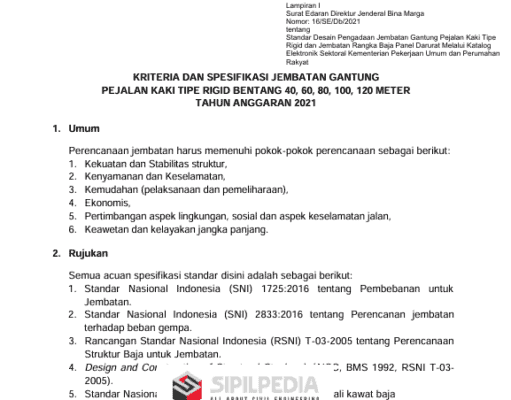 KRITERIA DAN SPESIFIKASI JEMBATAN GANTUNG PEJALAN KAKI TIPE RIGID BENTANG 40, 60, 80, 100, 120 METER