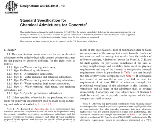 ASTM C494/C494M-19 Standard Specification for Chemical Admixtures for Concrete