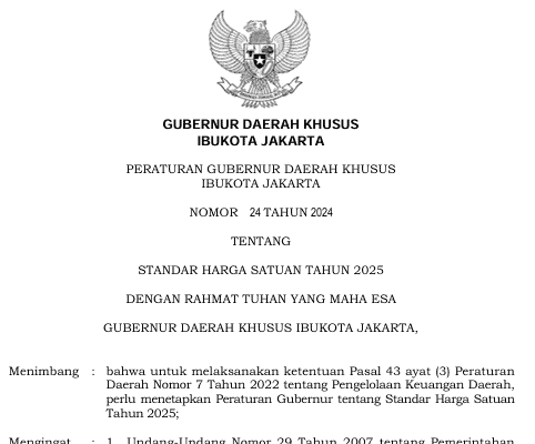 PERATURAN GUBERNUR DAERAH KHUSUS IBUKOTA JAKARTA NOMOR 24 TAHUN 2024 TENTANG STANDAR HARGA SATUAN TAHUN 2025