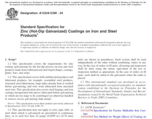 ASTM A123-A123M 24 Standard Specification for Zinc (Hot-Dip Galvanized) Coatings on Iron and Steel Products